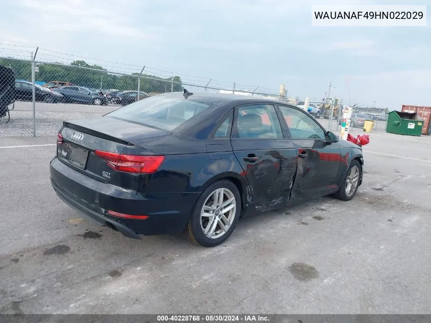 2017 Audi A4 2.0T Premium VIN: WAUANAF49HN022029 Lot: 40228768