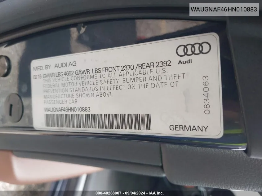 WAUGNAF46HN010883 2017 Audi A4 2.0T Premium