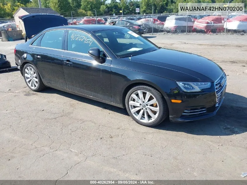 2017 Audi A4 2.0T Premium VIN: WAUANAF42HN070200 Lot: 40262954