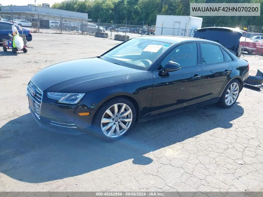 2017 Audi A4 2.0T Premium VIN: WAUANAF42HN070200 Lot: 40262954