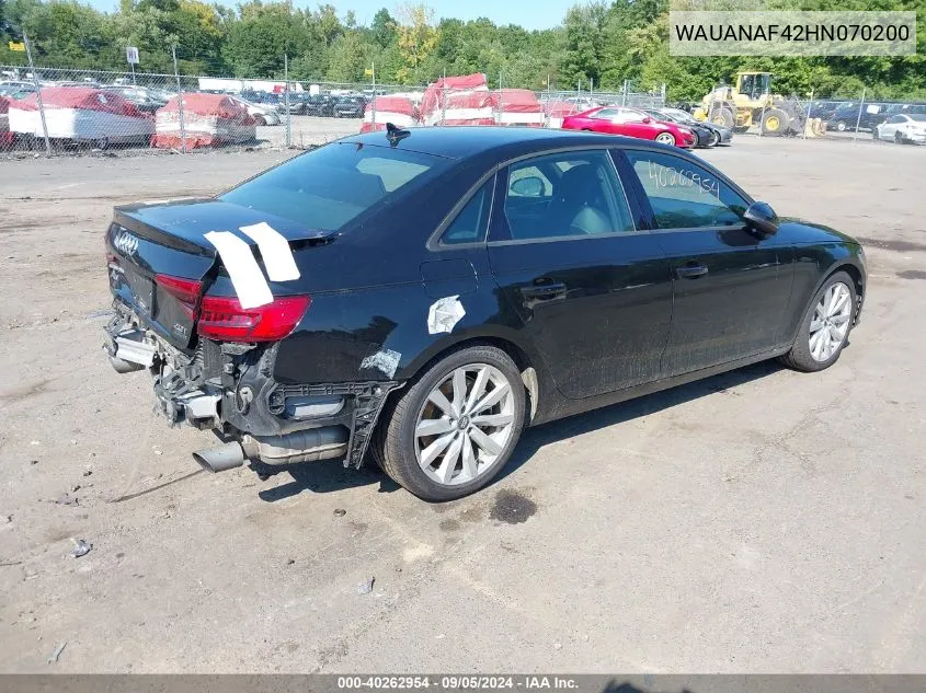 2017 Audi A4 2.0T Premium VIN: WAUANAF42HN070200 Lot: 40262954