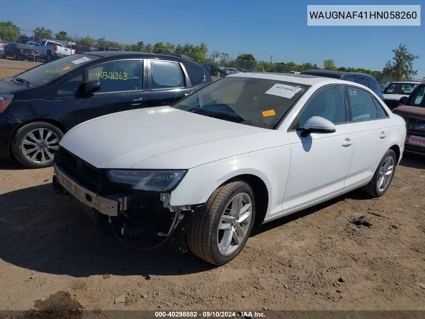 2017 Audi A4 Premium VIN: WAUGNAF41HN058260 Lot: 40298882