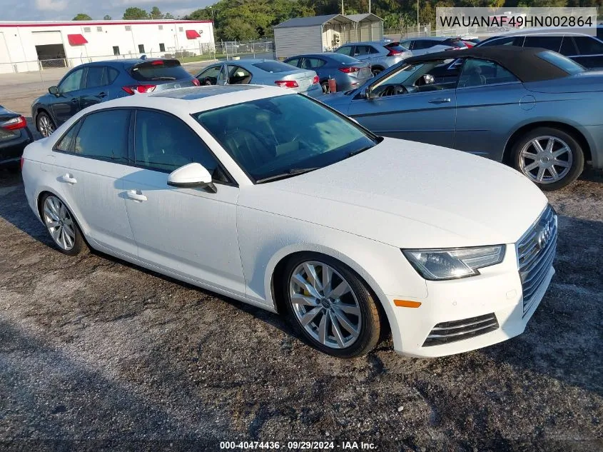 2017 Audi A4 Premium VIN: WAUANAF49HN002864 Lot: 40474436