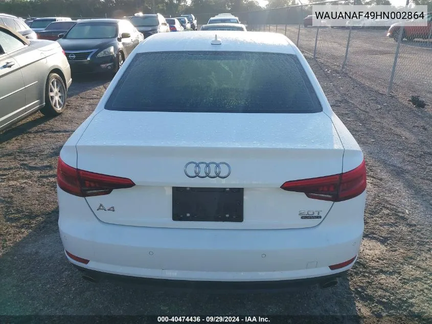 2017 Audi A4 Premium VIN: WAUANAF49HN002864 Lot: 40474436