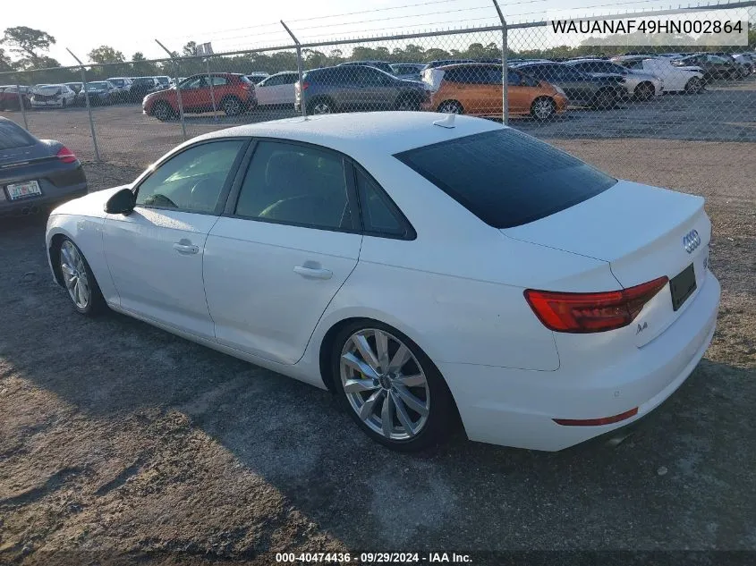 2017 Audi A4 Premium VIN: WAUANAF49HN002864 Lot: 40474436