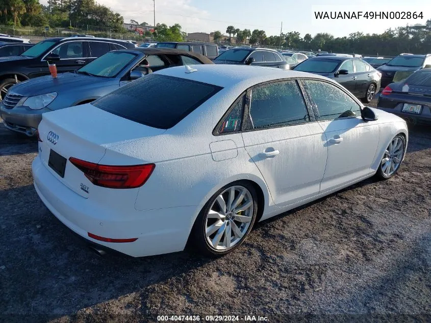 2017 Audi A4 Premium VIN: WAUANAF49HN002864 Lot: 40474436