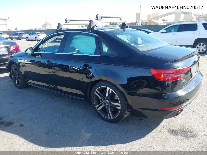 2017 Audi A4 2.0T Premium VIN: WAUENAF40HN020512 Lot: 40521646