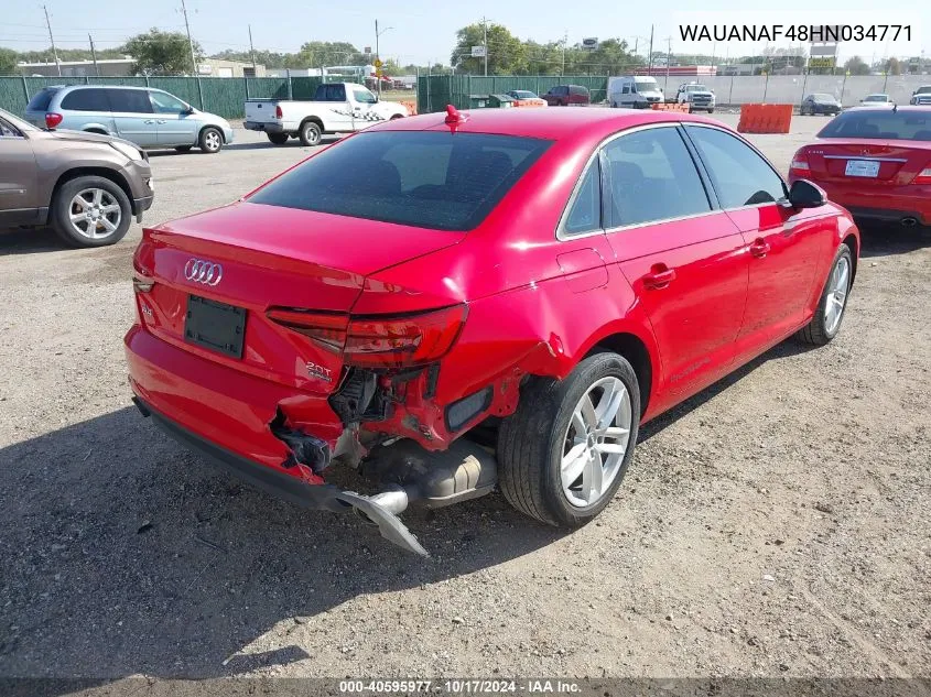 2017 Audi A4 2.0T Premium VIN: WAUANAF48HN034771 Lot: 40595977