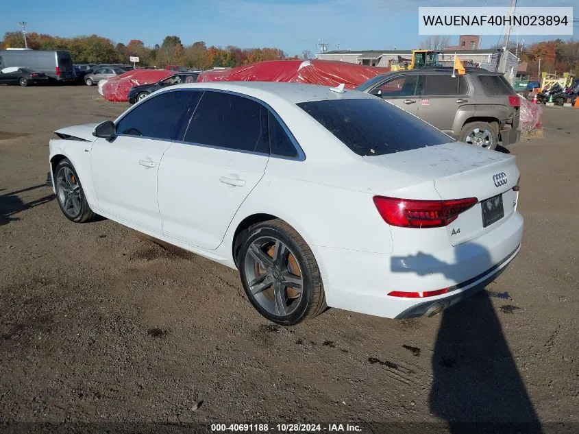 2017 Audi A4 2.0T Premium VIN: WAUENAF40HN023894 Lot: 40691188