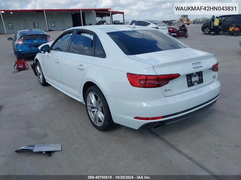 2017 Audi A4 2.0T Season Of Audi Ultra Premium VIN: WAUKMAF42HN043831 Lot: 40700819