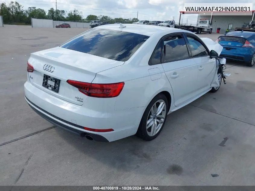 2017 Audi A4 2.0T Season Of Audi Ultra Premium VIN: WAUKMAF42HN043831 Lot: 40700819