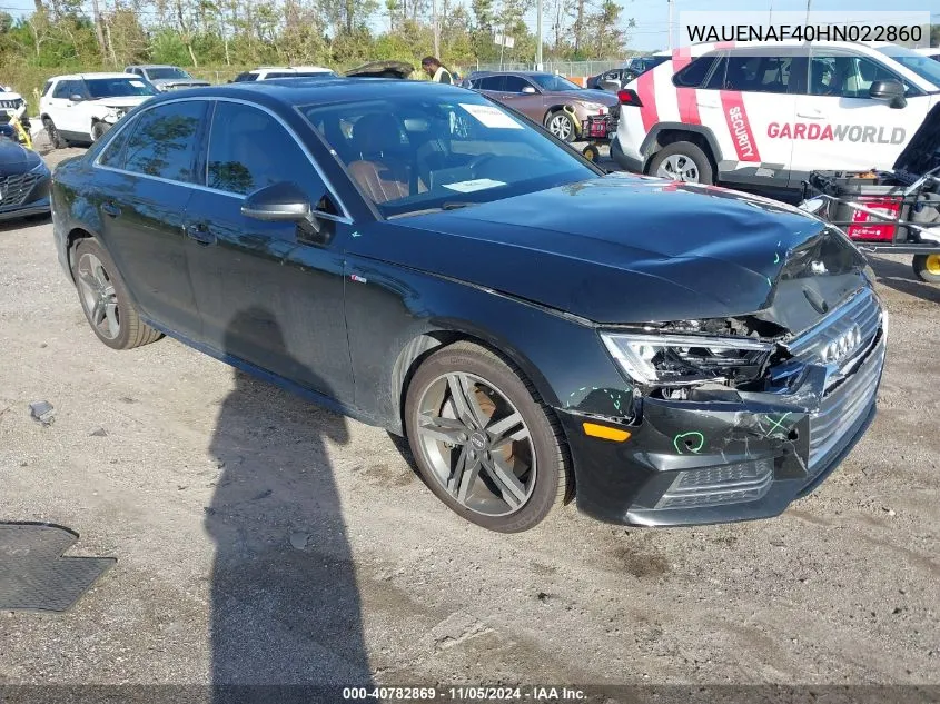 2017 Audi A4 2.0T Premium VIN: WAUENAF40HN022860 Lot: 40782869