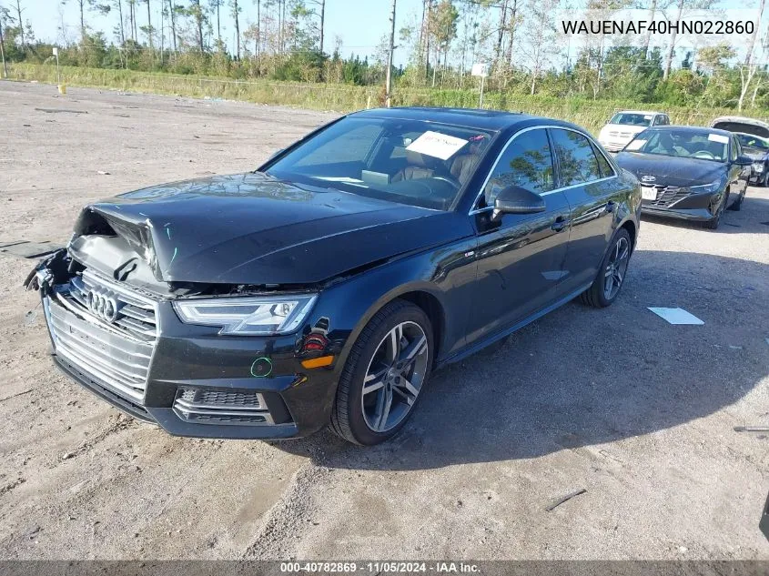 2017 Audi A4 2.0T Premium VIN: WAUENAF40HN022860 Lot: 40782869