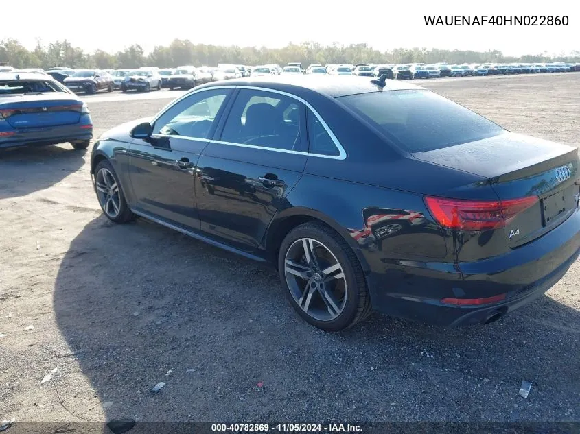 2017 Audi A4 2.0T Premium VIN: WAUENAF40HN022860 Lot: 40782869