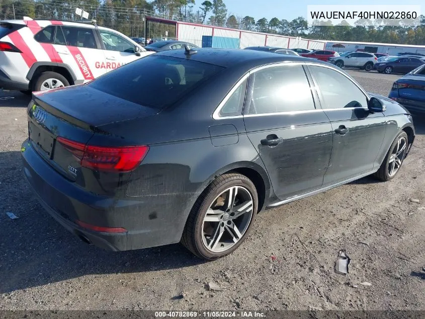 2017 Audi A4 2.0T Premium VIN: WAUENAF40HN022860 Lot: 40782869