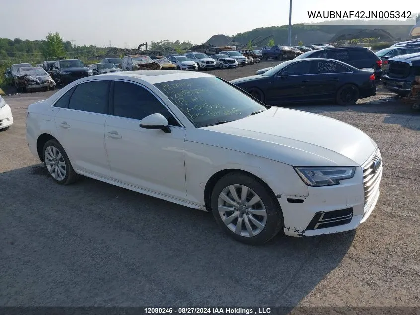 2018 Audi A4 Sedan VIN: WAUBNAF42JN005342 Lot: 12080245