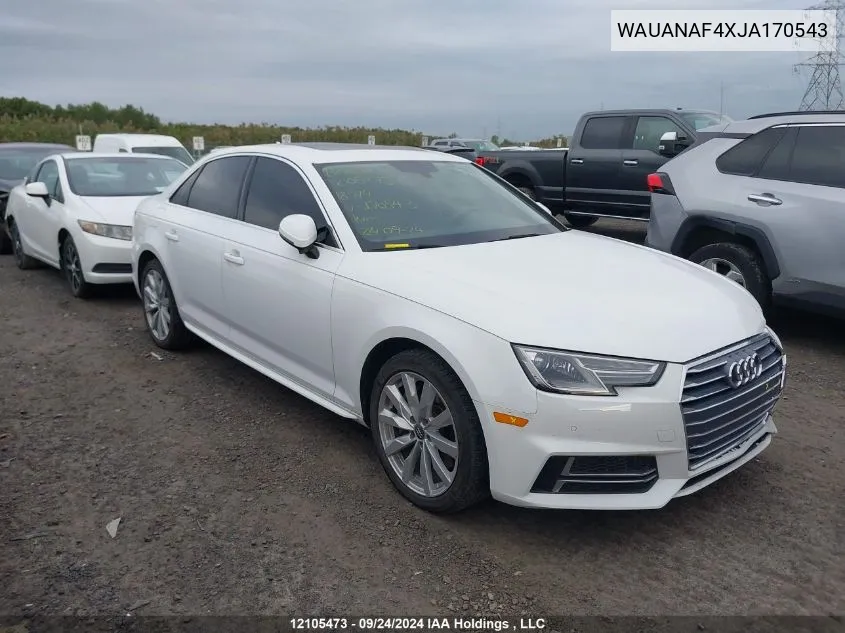 2018 Audi A4 Sedan VIN: WAUANAF4XJA170543 Lot: 12105473