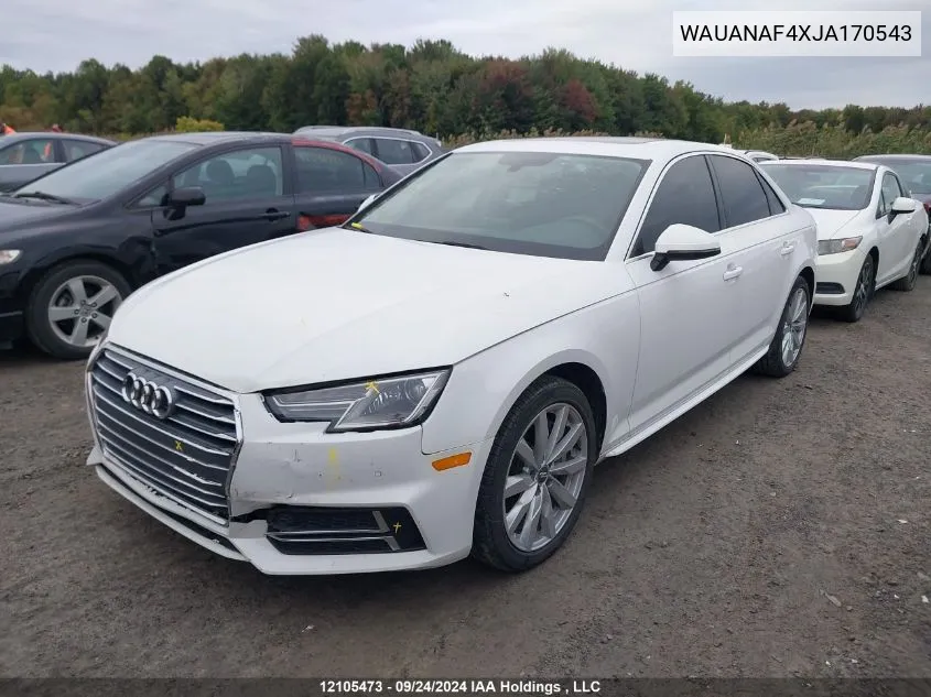 2018 Audi A4 Sedan VIN: WAUANAF4XJA170543 Lot: 12105473