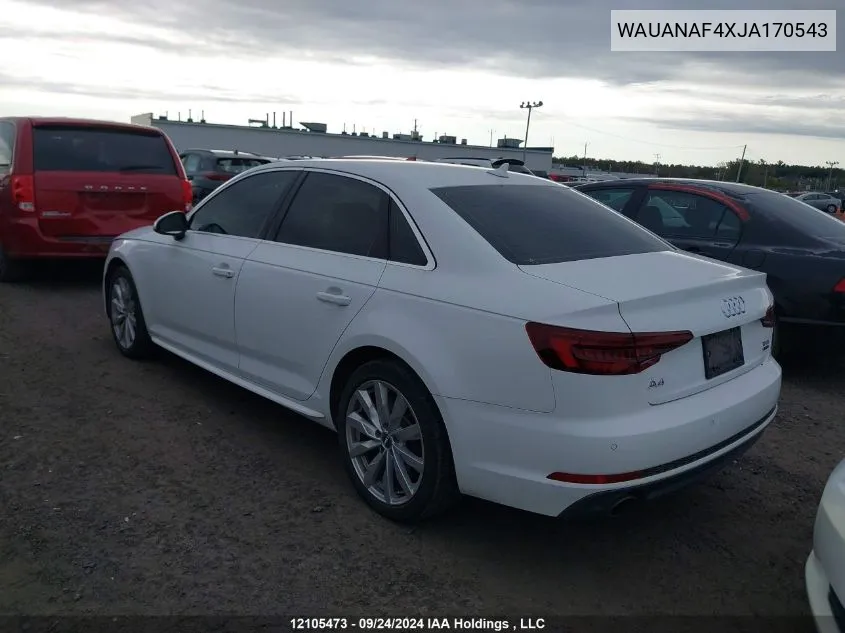 2018 Audi A4 Sedan VIN: WAUANAF4XJA170543 Lot: 12105473