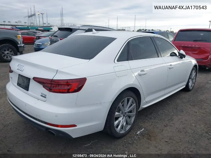 2018 Audi A4 Sedan VIN: WAUANAF4XJA170543 Lot: 12105473