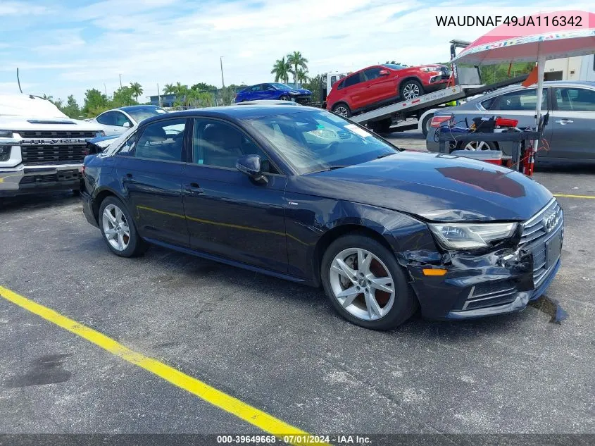 2018 Audi A4 2.0T Premium/2.0T Tech Premium VIN: WAUDNAF49JA116342 Lot: 39649668