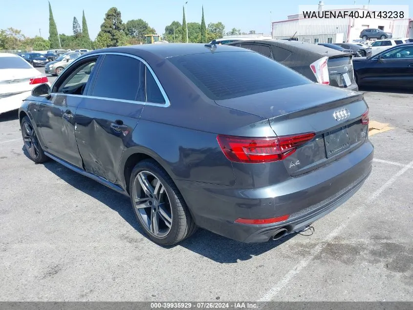 2018 Audi A4 2.0T Premium/2.0T Tech Premium VIN: WAUENAF40JA143238 Lot: 39935929