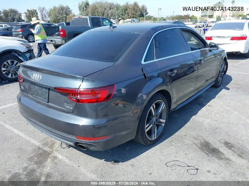 2018 Audi A4 2.0T Premium/2.0T Tech Premium VIN: WAUENAF40JA143238 Lot: 39935929