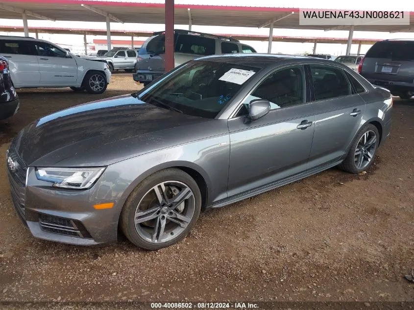 2018 Audi A4 2.0T Premium/2.0T Tech Premium VIN: WAUENAF43JN008621 Lot: 40086502