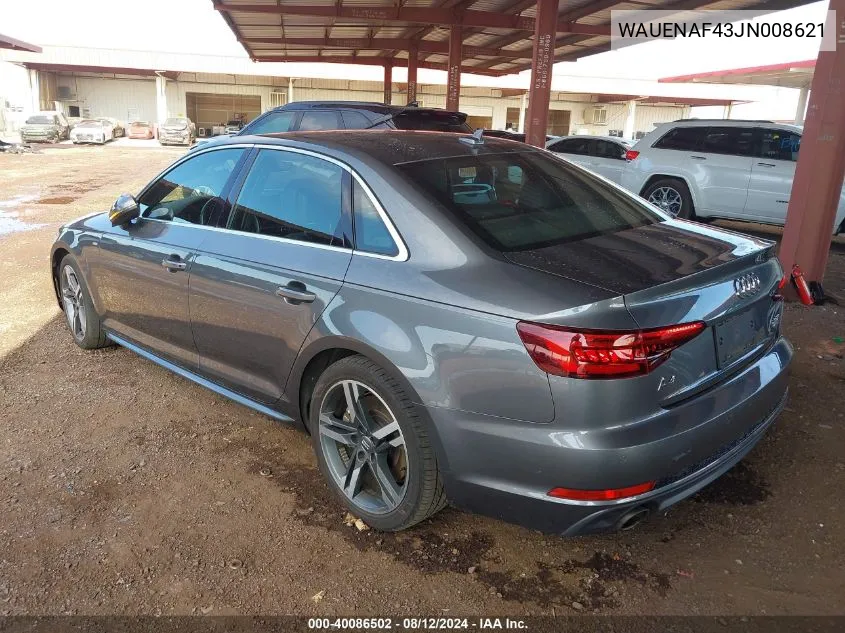 WAUENAF43JN008621 2018 Audi A4 2.0T Premium/2.0T Tech Premium