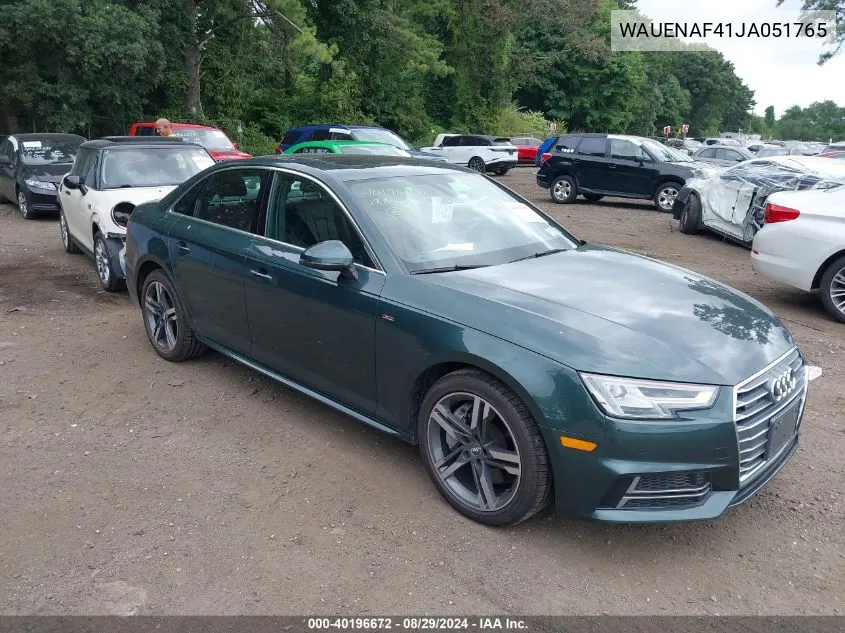 2018 Audi A4 2.0T Premium/2.0T Tech Premium VIN: WAUENAF41JA051765 Lot: 40196672