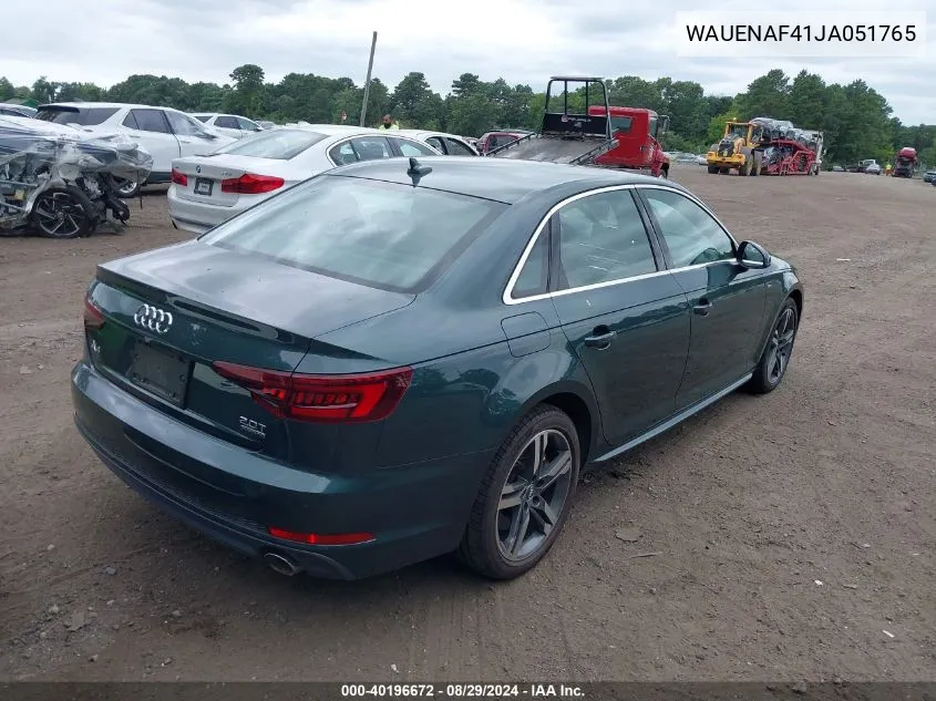 2018 Audi A4 2.0T Premium/2.0T Tech Premium VIN: WAUENAF41JA051765 Lot: 40196672