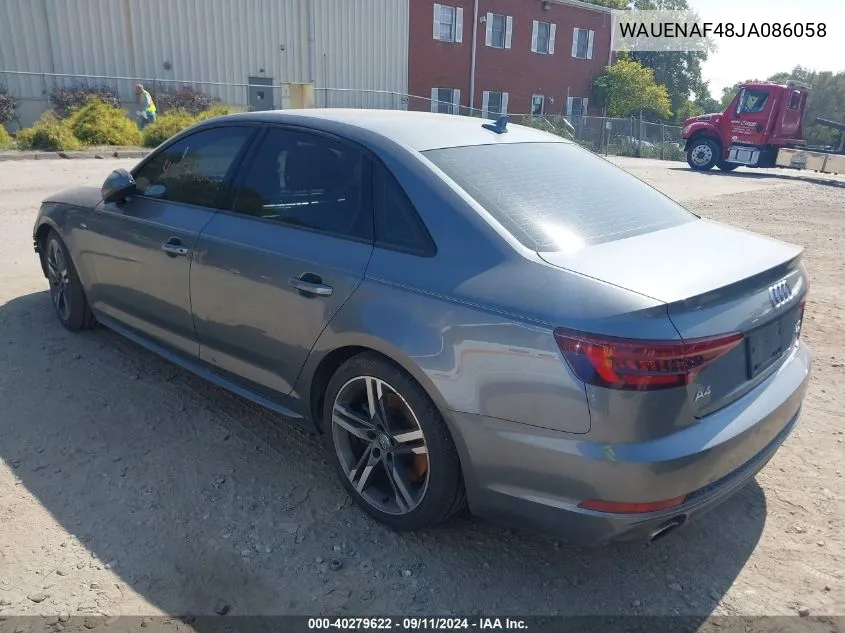 2018 Audi A4 2.0T Premium/2.0T Tech Premium VIN: WAUENAF48JA086058 Lot: 40279622