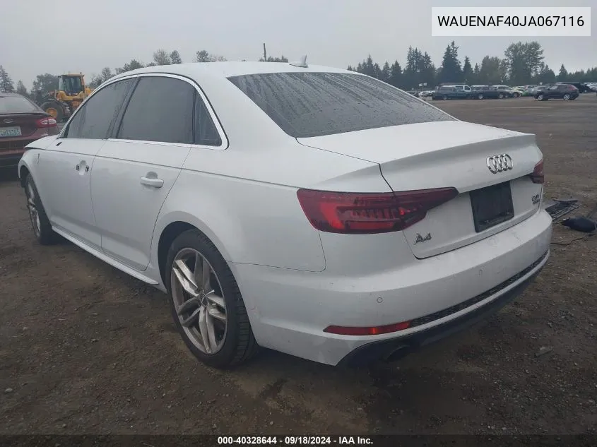 2018 Audi A4 2.0T Premium/2.0T Tech Premium VIN: WAUENAF40JA067116 Lot: 40328644