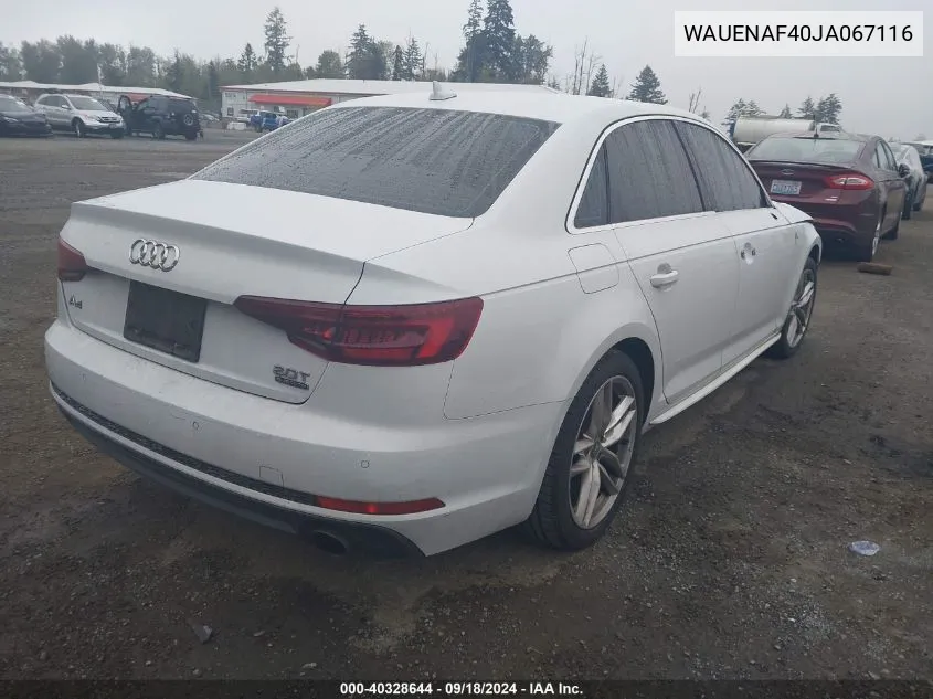 2018 Audi A4 2.0T Premium/2.0T Tech Premium VIN: WAUENAF40JA067116 Lot: 40328644