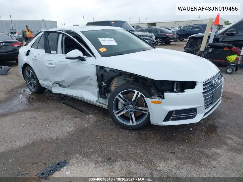 2018 Audi A4 2.0T Premium/2.0T Tech Premium VIN: WAUENAF43JN019456 Lot: 40678340