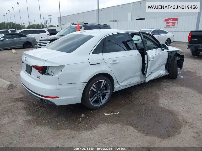 2018 Audi A4 2.0T Premium/2.0T Tech Premium VIN: WAUENAF43JN019456 Lot: 40678340