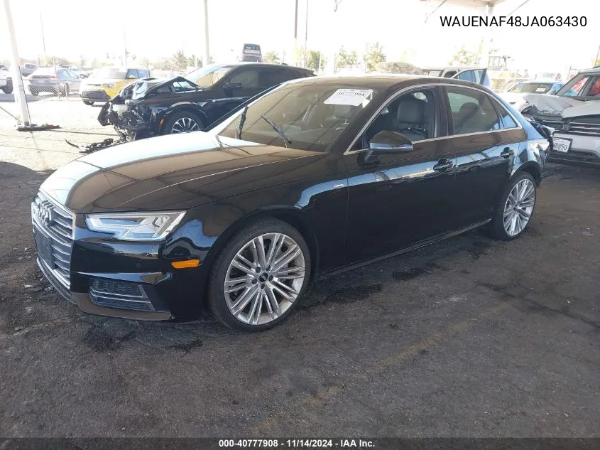 2018 Audi A4 2.0T Premium/2.0T Tech Premium VIN: WAUENAF48JA063430 Lot: 40777908