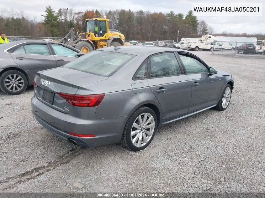 2018 Audi A4 2.0T Ultra Premium VIN: WAUKMAF48JA050201 Lot: 40806430