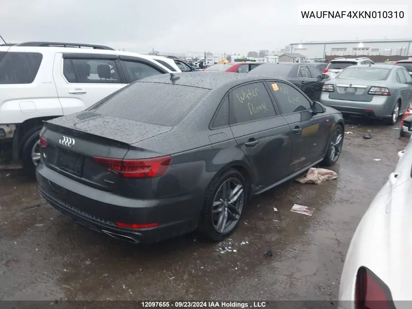 2019 Audi A4 Sedan VIN: WAUFNAF4XKN010310 Lot: 12097655