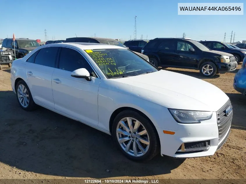 2019 Audi A4 Sedan VIN: WAUANAF44KA065496 Lot: 12122654