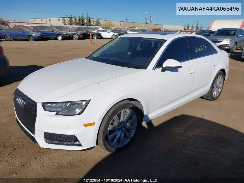 2019 Audi A4 Sedan VIN: WAUANAF44KA065496 Lot: 12122654