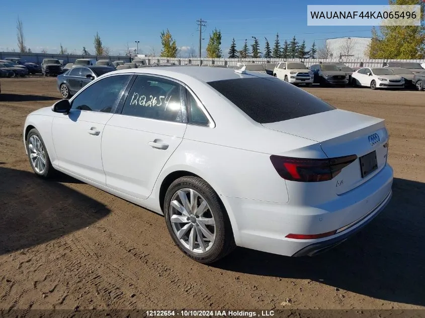 2019 Audi A4 Sedan VIN: WAUANAF44KA065496 Lot: 12122654