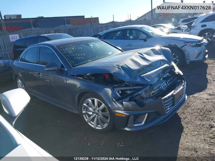 2019 Audi A4 Sedan VIN: WAUFNAF4XKN017628 Lot: 12139239