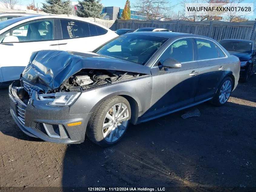 2019 Audi A4 Sedan VIN: WAUFNAF4XKN017628 Lot: 12139239