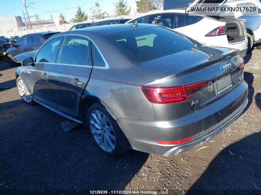 2019 Audi A4 Sedan VIN: WAUFNAF4XKN017628 Lot: 12139239