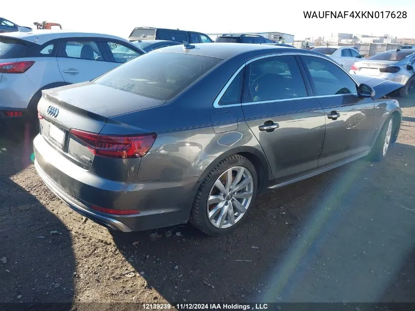 2019 Audi A4 Sedan VIN: WAUFNAF4XKN017628 Lot: 12139239