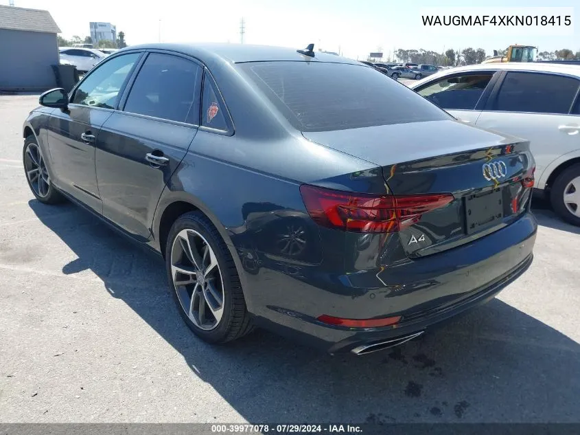 2019 Audi A4 Premium/Titanium VIN: WAUGMAF4XKN018415 Lot: 39977078