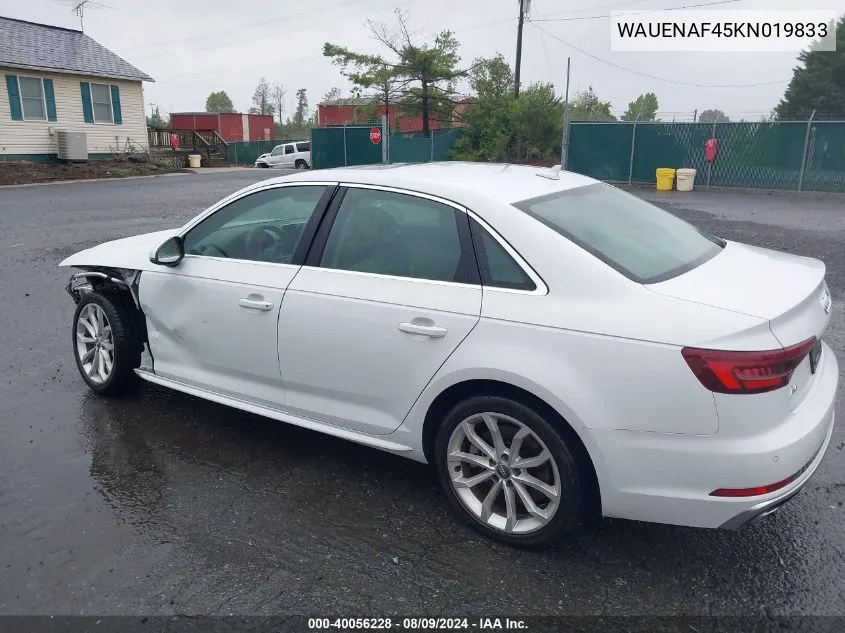 2019 Audi A4 45 Premium VIN: WAUENAF45KN019833 Lot: 40056228