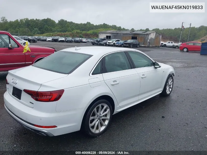 2019 Audi A4 45 Premium VIN: WAUENAF45KN019833 Lot: 40056228