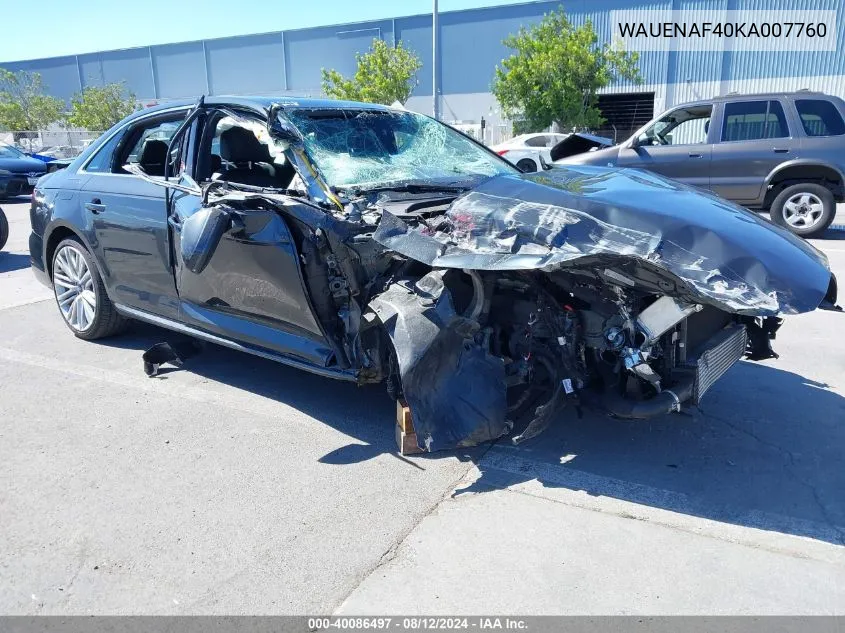 2019 Audi A4 45 Premium VIN: WAUENAF40KA007760 Lot: 40086497